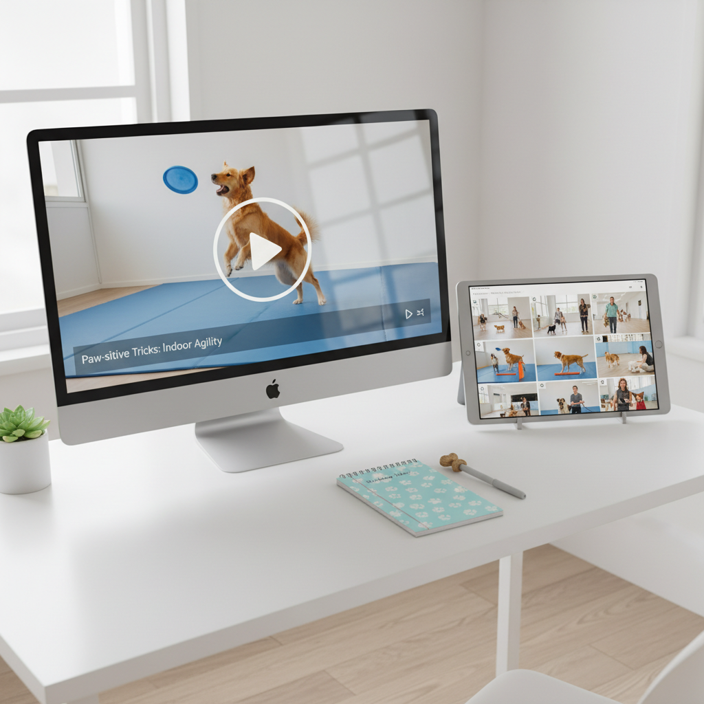 A cheerful digital media corner featuring a sleek computer monitor on a tidy white desk, displaying a paused video thumbnail of a dog performing a trick on a safe indoor training mat, with a visible play button. Next to the monitor, a tablet shows a scrolling gallery of dog workshop photos, and a small notepad with a paw-print cover rests nearby. Soft, indirect daylight from a side window gently illuminates the devices, creating realistic reflections on the screens without glare. Shot from a slightly elevated angle in photographic realism, the composition feels modern, playful, and interactive, conveying the website’s functionality for watching recordings, browsing photos, and exploring workshop content.