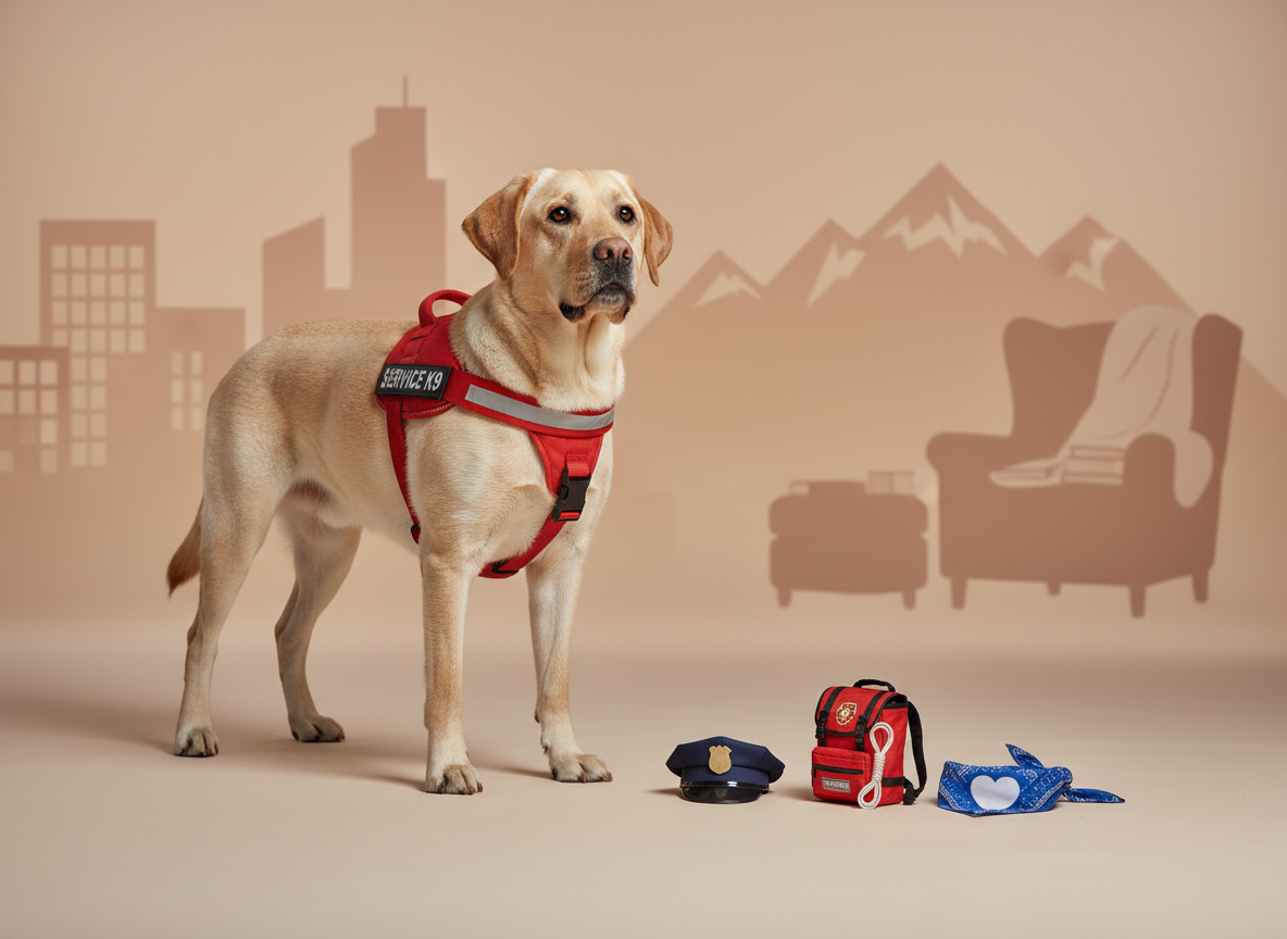 A sandy-colored Labrador wearing a bright red working harness stands proudly beside three neatly arranged props on a smooth, neutral studio floor: a miniature police cap, a tiny rescue backpack with a rope coil, and a soft therapy-dog bandana with a heart symbol. Behind, a large, out-of-focus backdrop shows faint silhouettes of a city, mountains, and a cozy reading chair, hinting at different service roles. Soft studio lighting from the front and slightly above creates gentle shadows and detailed highlights on the dog’s fur and harness buckles. The composition follows the rule of thirds in photographic realism, with the dog off-center and the props leading the eye, creating an informative, uplifting, and aspirational atmosphere about dogs helping humans.