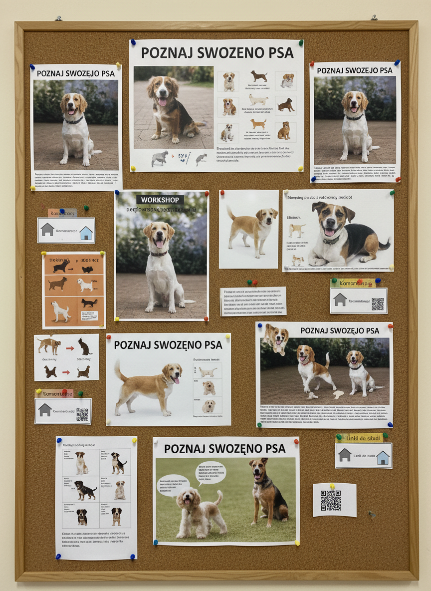A vibrant bulletin board in a school hallway, covered with printed workshop posters about “Poznaj Swojego Psa”: high-resolution photos of dogs demonstrating skills, colorful diagrams of dog body language, and neatly pinned cards labeled “Komentarze” and “Linki do szkół” with speech-bubble and schoolhouse icons. The cork texture is highly detailed, with push pins in bright primary colors. Overhead lighting creates soft, even illumination with subtle shadows behind some pinned materials, enhancing depth in photographic realism. The composition is front-facing and tightly framed so the board fills the image, making all elements legible and inviting. The atmosphere is lively, organized, and community-focused, emphasizing sharing feedback and connecting with schools.
