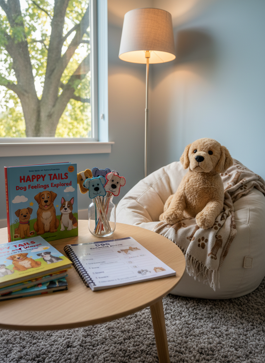 A cozy, modern reading nook designed for learning about dog behavior: a low, round table stacked with richly illustrated children’s books about dogs’ emotions, a spiral-bound “Dog Behavior Basics” workbook, and a set of colorful, dog-shaped bookmarks. A plush, life-size dog toy rests on a soft beanbag nearby, its fabric fur detailed and inviting. Warm, diffused light from a floor lamp and a nearby window blend to create a gentle, golden ambiance. Photographic realism with an eye-level, slightly angled composition keeps everything in sharp focus. The mood is calm, curious, and playful, perfectly suited to promote reading descriptions, learning theory, and gently exploring the science of canine behavior.