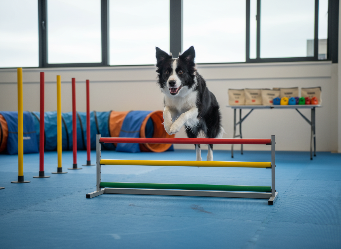 An energetic border collie mid-action on an indoor training course, captured in a perfectly timed leap over a low, brightly colored agility hurdle. The floor is covered with non-slip blue mats, and in the softly blurred background are weave poles, a tunnel, and neatly stacked clickers and treat pouches on a small table. Large windows let in bright but diffused daylight, freezing each hair in crystal-clear photographic realism and casting soft shadows under the dog. Shot from a low angle with a fast-shutter, action-photography feel, the composition emphasizes motion and focus, conveying the fun, playfulness, and structured learning of school-style dog training workshops for kids.
