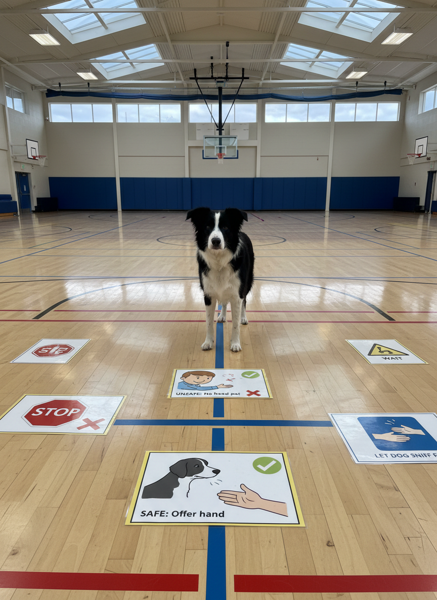 A calm, short-haired black and white dog stands in the center of a bright, spacious gymnasium marked with colorful floor lines. Around the dog on the polished wooden floor lie laminated picture boards illustrating safe and unsafe ways to approach a dog, plus bold icons for “stop”, “wait”, and “let dog sniff first”. Overhead skylights flood the room with diffused natural light, creating soft reflections on the floor and a gentle sheen on the dog’s coat. The camera is slightly elevated, capturing the entire scene in sharp focus. Photographic realism with a clean, modern aesthetic emphasizes a clear, structured learning environment while keeping the mood playful, safe, and reassuring for children.