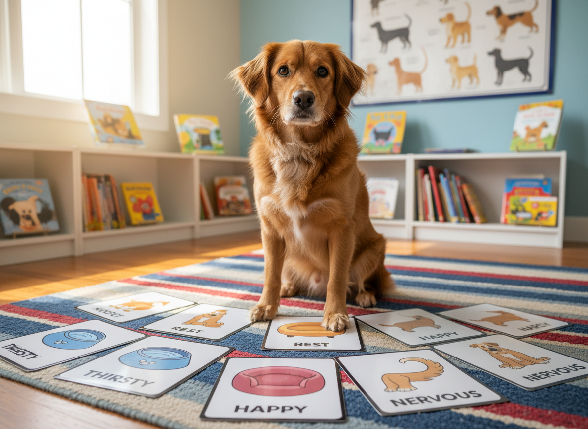 A friendly, medium-sized mixed-breed dog with soft, golden-brown fur and bright, attentive eyes sits on a colorful classroom rug, surrounded by scattered, illustrated flashcards showing dog emotions and needs: a full water bowl, a cozy bed, a wagging tail, a tucked tail. The room is cheerful and modern, with low bookshelves of animal books and a large poster diagramming a dog’s body language on the wall. Soft afternoon daylight enters through wide windows, creating gentle, natural highlights on the dog’s fur. Photographic realism, eye-level composition with shallow depth of field keeps the dog and flashcards crisp while the background is pleasantly blurred, creating a playful, educational, and inviting atmosphere perfect for a children’s workshop site hero image.