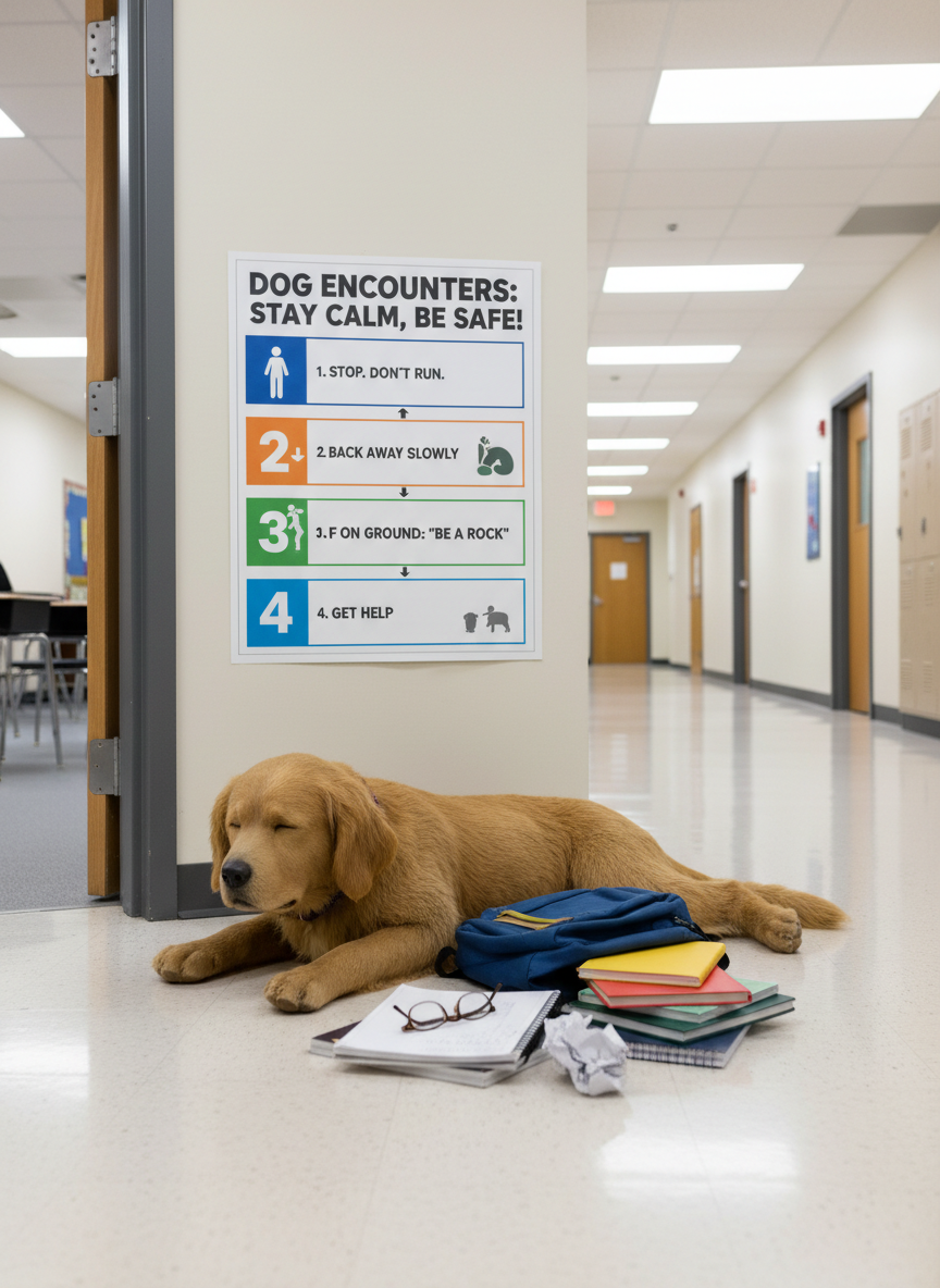 A realistic emergency scenario setup in a bright school corridor: a lifelike dog-shaped training mannequin lies near an open classroom door, a tipped-over backpack and scattered notebooks nearby. On the wall is a large, colorful infographic describing step-by-step how to behave if a dog seems scared or aggressive, using clear icons and simple phrases. Overhead fluorescent lights provide even, neutral illumination, with subtle reflections on the polished floor. The composition is slightly wide-angle, capturing the full context in crisp photographic realism. The mood is serious but not frightening, designed to feel like a safe, controlled learning exercise about staying calm and making good choices around dogs in potential danger situations.